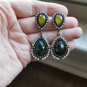 Blue and Green Rhinstone Studded Tear Drop Earrings